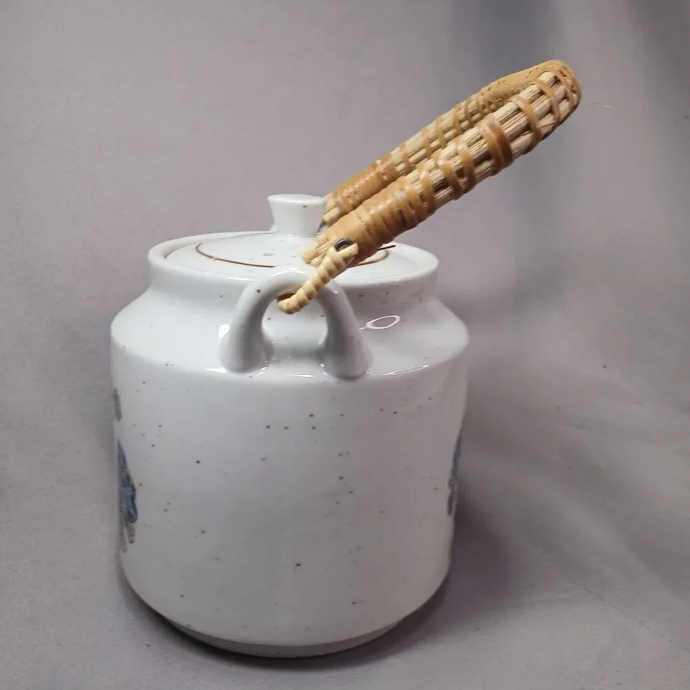 Otagiri Butterfly Tea Pot Ratten Handle Ceramic Vintage MCM Boho Japan
